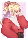  1girl adjusting_eyewear blonde_hair blush closed_mouth commentary_request earrings glasses green_eyes heart jewelry long_hair long_sleeves looking_at_viewer off_shoulder original plaid ponytail red-framed_eyewear shaneru shirt signature smile solo turtleneck white_shirt 