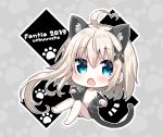  1girl 2019 :o ahoge animal_ear_fluff animal_ears artist_name asymmetrical_hair bangs bare_legs barefoot blonde_hair blue_eyes blush cat_ears cat_girl cat_tail chibi collarbone commentary_request eyebrows_visible_through_hair fang grey_background grey_jacket hair_between_eyes hood hood_down hooded_jacket jacket kemonomimi_mode long_hair long_sleeves looking_at_viewer naked_coat no_nipples off_shoulder open_clothes open_jacket open_mouth original paw_background sleeves_past_wrists solo tail tia-chan uchuuneko very_long_hair 