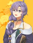  1girl :d arc_the_lad arc_the_lad_ii book breasts cleavage earrings glasses hair_ornament hoop_earrings jewelry long_hair looking_at_viewer namerow_chang neck_ring open_mouth pince-nez purple_eyes purple_hair simple_background smile solo upper_body yellow_background 