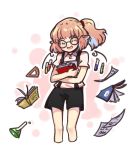  1girl bare_legs bespectacled black_shorts blonde_hair book closed_eyes collared_shirt dot_nose dress_shirt erlenmeyer_flask eyebrows_visible_through_hair fang feet_out_of_frame flandre_scarlet glasses holding holding_book open_book open_mouth pointy_ears ponytail set_square shirt short_hair short_sleeves shorts side_ponytail smile suspender_shorts suspenders test_tube touhou wings yoruny 