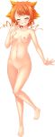  1girl barefoot bijiku_(koihime_musou) blush breasts closed_eyes full_body grin hair_ornament hairclip hand_on_own_face highres hikage_eiji koihime_musou navel nipples no_pussy nude orange_hair sidelocks small_breasts smile solo thigh_gap transparent_background 