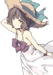  1girl ahoge alternate_costume bangs blunt_bangs bracelet brown_eyes brown_hair commentary_request cowboy_shot dress flat_chest hat jewelry kantai_collection kishinami_(kantai_collection) looking_at_viewer nakadori_(movgnsk) short_hair simple_background smile solo spaghetti_strap sun_hat sundress wavy_hair white_background white_dress 