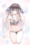  1girl absurdres arcaea arm_support arm_up bangs bare_arms barefoot black_bow black_camisole black_hair black_panties blue_eyes blush bow bow_panties breasts camisole collarbone commentary_request crop_top eyebrows_visible_through_hair flying_sweatdrops full_body hair_between_eyes hair_bow hair_intakes highres long_hair medium_breasts navel panties seiza sitting sketch solo strap_slip striped striped_bow tairitsu_(arcaea) tandohark underwear very_long_hair 