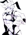  1boy animal_ears bare_chest breastless_clothes bunny_boy bunny_day bunny_ears bunny_tail crop_top fake_animal_ears fake_tail galo_thymos igote looking_down male_focus navel promare simple_background solo spiked_hair tail toned toned_male white_background 
