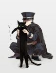  2017 ambiguous_gender atlus black_fur black_hair cape clothed clothing crouching devil_summoner domestic_cat duo felid feline felis feral fur gouto_douji green_eyes hair hat headgear headwear human japanese_text k_reizi kuzunoha_raidou male mammal megami_tensei simple_background text video_games white_background 