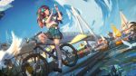  1girl aqua_skirt bicycle bird black_choker blue_sky breasts brown_footwear brown_hair cellphone choker day floating_hair flower full_body glint ground_vehicle hair_flower hair_ornament highres holding holding_phone ibara_dance loafers long_hair looking_afar motion_blur outdoors parted_lips phone pleated_skirt purple_eyes sailor_collar scenery shirt shoes short_sleeves sitting skirt sky small_breasts smartphone smile socks white_shirt wind witch&#039;s_weapon 