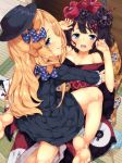  2girls abigail_williams_(fate/grand_order) bangs bare_shoulders black_bow black_dress black_headwear blonde_hair blue_eyes blush bow breasts cleavage closed_mouth collarbone dress fate/grand_order fate_(series) feet flower forehead girl_on_top hair_bow hair_flower hair_ornament hairpin highres japanese_clothes katsushika_hokusai_(fate/grand_order) kimono licking_lips long_hair long_sleeves looking_at_viewer looking_back lying medium_breasts multiple_girls off_shoulder on_back open_mouth orange_bow parted_bangs polka_dot polka_dot_bow purple_hair purple_kimono ribbed_dress smile soles straddling thighs tongue tongue_out tries wide_sleeves yuri 