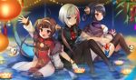  3girls :d admiral_graf_spee_(azur_lane) admiral_graf_spee_(maiden&#039;s_sunday)_(azur_lane) ahoge anchor_hair_ornament animal arm_up armpit_cutout azur_lane black_dress black_footwear black_hair black_legwear blue_eyes blurry breasts brown_hair buttons china_dress chinese_clothes closed_mouth collared_dress commentary_request depth_of_field dress flower fur_collar hair_ornament hair_rings hairband holding jacket knees_up kurot lantern large_breasts long_hair long_sleeves looking_at_viewer looking_away multicolored_hair multiple_girls necktie night ning_hai_(azur_lane) off_shoulder official_art open_clothes open_jacket open_mouth orange_flower origami panda pantyhose paper_crane paper_lantern pelvic_curtain ping_hai_(azur_lane) purple_dress purple_eyes purple_flower red_dress red_eyes red_hair red_neckwear shark_tail shoes short_hair short_necktie short_sleeves sidelocks silver_hair sitting small_breasts smile streaked_hair tail thighhighs thighs twintails water white_jacket 