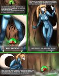 ?! absurd_res alien bodysuit bounty_hunter canid canine cave clothing comic dialogue female fox glowing hi_res mammal metroid metroid_(species) mynth nintendo rear_view samus_aran skinsuit surprise text tight_clothing video_games zero_suit 