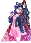  1girl black_hair choker dress green_eyes hair_ornament highres iesupa jacket leather leather_jacket multicolored_hair neo_politan pink_dress pink_hair poke_ball pokemon pokemon_(game) pokemon_swsh rwby solo twintails 