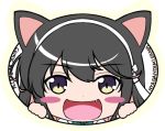  1girl animal_ears black_hair blush cat_ears fang hair_ribbon kantai_collection kemonomimi_mode looking_at_viewer lowres mikage_takashi naganami_(kantai_collection) open_mouth ribbon smile solo tail upper_body yellow_eyes 