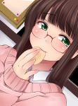  1girl bangs blush brown_hair chips collared_shirt eating eyebrows_visible_through_hair food glasses green_eyes kozue_akari original pink_sweater shirt solo sweater white_shirt 