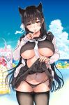  1girl animal_ear_fluff animal_ears areola_slip areolae atago_(azur_lane) atago_(school_daydream)_(azur_lane) azur_lane bangs black_hair black_legwear black_panties black_sailor_collar black_serafuku black_skirt breasts cameltoe collarbone commentary_request day extra_ears eyebrows_visible_through_hair finger_to_mouth hair_ribbon highleg highleg_panties highres kotengu large_breasts lifted_by_self long_hair looking_at_viewer mole mole_under_eye navel neckerchief no_bra outdoors panties pantyhose pantyhose_pull pink_nails pleated_skirt ribbon sailor_collar school_uniform serafuku shiny shiny_skin shirt_lift skirt skirt_lift sky solo standing stomach string_panties sweat swept_bangs thigh_gap underboob underwear very_long_hair white_neckwear white_ribbon 