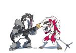  2019 anthro ban62460424 black_fur duo fur guitar lycanroc midnight_lycanroc musical_instrument nintendo obstagoon pok&eacute;mon pok&eacute;mon_(species) simple_background tongue tongue_out video_games white_background white_fur 