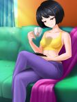  1girl artist_request bare_arms bare_shoulders black_hair bob_cut book breasts brown_eyes closed_mouth collarbone couch covered_nipples crop_top cup curtains date_crush_stories erisa_(date_crush_stories) game_cg highres indoors looking_at_book looking_down midriff nipples on_couch pants pillow purple_pants reading shirt short_hair sitting sleeveless sleeveless_shirt small_breasts smile solo tank_top tea teabag teacup window yellow_shirt yellow_tank_top 