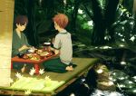  all_male brown_hair food green_eyes japanese_clothes male original short_hair tree twin-mix 