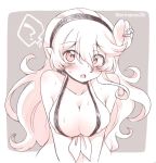  1girl bikini breasts cleavage corrin_(fire_emblem) corrin_(fire_emblem)_(female) eromame fire_emblem fire_emblem_fates fire_emblem_heroes flower grey_background hair_flower hair_ornament hairband large_breasts long_hair monochrome open_mouth pointy_ears simple_background solo swimsuit twitter_username upper_body 