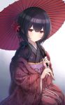  1girl bangs black_hair black_kimono closed_mouth commentary_request cotrpopor eyebrows_visible_through_hair flower hair_between_eyes hair_flower hair_ornament haori highres holding holding_umbrella idolmaster idolmaster_shiny_colors japanese_clothes kimono long_hair long_sleeves looking_at_viewer morino_rinze obi oriental_umbrella red_eyes red_flower red_umbrella sash seiza shiny shiny_hair sidelocks sitting solo umbrella wide_sleeves 