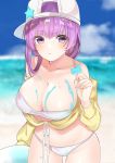  1girl backwards_hat bangs bare_shoulders bb_(fate)_(all) bb_(swimsuit_mooncancer)_(fate) beach bikini blue_sky blurry blurry_background blush breasts cleavage closed_mouth collarbone cropped_jacket fate/grand_order fate_(series) food hat highres jacket large_breasts long_hair long_sleeves looking_at_viewer navel ocean off_shoulder popsicle purple_eyes purple_hair remaruka0413 sky solo star_hat_ornament swimsuit very_long_hair white_bikini white_headwear yellow_jacket 