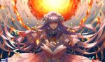  1girl book choker crescent crescent_moon_pin dress fireball gem hair_ribbon hat hat_ribbon highres long_hair mob_cap open_mouth patchouli_knowledge purple_eyes purple_hair ribbon royal_flare solo spell_card touhou ze_xia 