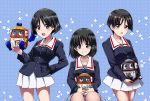  3girls black_eyes black_hair blue_background blue_jacket bob_cut closed_mouth eyebrows_visible_through_hair frown girls_und_panzer gotou_moyoko green_shirt hand_on_hip heybot! heybot_(character) highres holding jacket konparu_nozomi leaning_to_the_side light_blush long_sleeves looking_at_viewer medium_hair military military_uniform miniskirt multiple_girls ooarai_military_uniform open_mouth pleated_skirt polka_dot polka_dot_background shirt short_hair sitting skirt smile sono_midoriko standing sukoko_(cocos_00) uniform white_skirt 