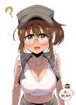 1girl ? bangs baseball_cap blush breasts brown_eyes brown_hair cleavage english_text fio_germi glasses hat large_breasts metal_slug midriff military multiple_girls navel ponytail see-through smile solo sweat vest wet wet_clothes wootsang 