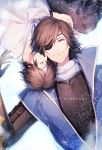  2boys armor brown_hair cuddling date_masamune_(sengoku_basara) eyepatch happy_birthday lying male_focus miyamotokannn multiple_boys on_back sengoku_basara smile 