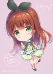  1girl amedamacon apron bangs bare_shoulders big_head black_footwear blush bow brown_hair character_name chibi closed_mouth commentary_request copyright_name eyebrows_visible_through_hair full_body gochuumon_wa_usagi_desu_ka? green_bow green_eyes green_hairband green_ribbon green_skirt green_vest hair_between_eyes hair_ribbon hairband heart long_hair ribbon shadow shoes skirt smile socks solo striped striped_bow twitter_username ujimatsu_chiya vertical-striped_skirt vertical_stripes very_long_hair vest waist_apron white_apron white_legwear wrist_cuffs 