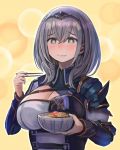  1girl armor bangs blue_eyes blue_sleeves blush bowl breastplate breasts chopsticks circlet cleavage cleavage_cutout collar eating enumiyan eyebrows_visible_through_hair food food_on_face highres holding holding_bowl holding_chopsticks hololive huge_breasts long_sleeves medium_hair rice rice_on_face shirogane_noel shoulder_armor shoulder_spikes solo sparkle spiked_armor spikes symbol-shaped_pupils upper_body virtual_youtuber white_hair 