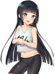  1girl :d absurdres bada_(jksh5056) bare_arms bare_shoulders bike_shorts black_hair black_shorts blue_eyes blush breasts clothes_writing collarbone commentary_request cowboy_shot crop_top danberu_nan_kiro_moteru? highres long_hair looking_at_viewer midriff open_mouth own_hands_together shirt shirt_overhang short_shorts shorts sidelocks simple_background sleeveless sleeveless_shirt smile solo souryuuin_akemi sweat tank_top very_long_hair white_background white_shirt 