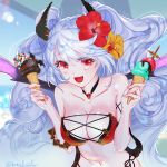  1girl agatasuisho_il bare_shoulders bikini black_horns blue_background breasts brooch cleavage collarbone flower hair_flower hair_ornament hands_up holding horns ice_cream_cone jewelry long_hair looking_at_viewer medium_breasts midriff navel open_mouth red_eyes sennen_sensou_aigis side-tie_bikini silver_hair simple_background smile solo swimsuit sylvia_(sennen_sensou_aigis) twitter_username very_long_hair 
