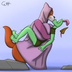  canid canine disney duo fox hi_res jimmy_(jamearts) kissing lizard maid_marian mammal reptile robin_hood_(disney) rock scalie skunkdude13 