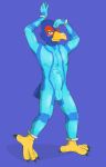  absurd_res anthro balls bayjaw beak clothing erection erection_under_clothing falco_lombardi hi_res invalid_tag male metroid nintendo penis solo standing star_fox talons video_games zero_suit 