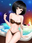  1girl artist_request bare_arms bare_shoulders beckoning black_bra black_hair black_panties bob_cut bra breasts brown_eyes candle cleavage closed_mouth collarbone date_crush_stories erisa_(date_crush_stories) eyebrows_visible_through_hair flower game_cg highres invitation jacuzzi jacuzzi_tub lace lingerie looking_at_viewer navel night panties short_hair sitting small_breasts smile solo stomach thigh_gap thighs underwear underwear_only undressing water 