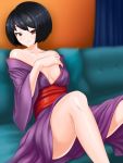  1girl artist_request bare_shoulders black_hair bob_cut breasts brown_eyes cleavage closed_mouth collarbone couch curtains date_crush_stories erisa_(date_crush_stories) eyebrows_visible_through_hair game_cg highres indoors invitation japanese_clothes kimono long_sleeves looking_at_viewer no_bra obi off_shoulder purple_kimono red_kimono sash short_hair sitting small_breasts smile solo spread_legs thighs undressing wall wide_sleeves yukata 