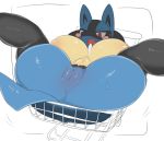  2019 abunaiesennyou_san anthro blue_fur blush bodily_fluids breasts female fur hi_res lucario lying nintendo nipple_outline nude on_back open_mouth pok&eacute;mon pok&eacute;mon_(species) pussy shopping_cart simple_background solo spread_legs spreading surprise sweat sweatdrop thick_thighs video_games 