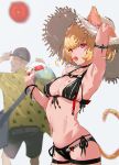  animal_ears bikini black_bikini blonde_hair breasts cat_ears cat_tail clementine_(overlord) food hat highres holding holding_hat looking_at_viewer medium_breasts overlord_(maruyama) popsicle red_eyes short_hair so-bin straw_hat swimsuit tail 