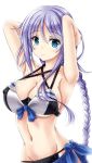  1girl alternate_costume amou_yuu arms_behind_head bikini blue_eyes bow_bikini braided_ponytail breasts cleavage collarbone commentary_request covered_nipples eyebrows_visible_through_hair hair_between_eyes kantai_collection large_breasts looking_at_viewer navel sarong sidelocks silver_hair simple_background smile solo swimsuit umikaze_(kantai_collection) white_background 