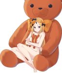  1girl abigail_williams_(fate/grand_order) absurdres bangs black_bow blonde_hair blue_eyes blush bow breasts fate/grand_order fate_(series) feet highres keyhole long_hair looking_at_viewer nipples nude orange_bow parted_bangs polka_dot polka_dot_bow stuffed_animal stuffed_toy teddy_bear white_background z_loader 