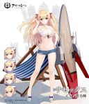  1girl artist_request azur_lane beach_chair bikini blonde_hair blue_eyes breasts character_name cleavage commentary_request copyright_name denim denim_shorts full_body hair_ribbon highleg highleg_panties long_hair medium_breasts panties red_ribbon ribbon rigging sandals shorts sussex_(azur_lane) swimsuit turret twintails underwear white_bikini 