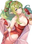  1girl ass bare_shoulders breasts cape cleavage collar collarbone commentary_request dress fire_emblem fire_emblem:_mystery_of_the_emblem fire_emblem_awakening garter_straps gloves green_eyes green_hair hair_ornament highres jewelry kokouno_oyazi large_breasts long_hair manakete older pointy_ears ponytail red_dress red_gloves short_dress side_slit simple_background smile solo strapless strapless_dress thighhighs tiara tiki_(fire_emblem) white_background 