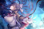  1girl azur_lane bangs black_coat black_hair bow breasts brown_eyes code_t_(azur_lane) dark_persona dated expressionless eyebrows_visible_through_hair floating_hair gloves hair_bow hair_flaps hair_over_one_eye holding holding_sword holding_weapon katana large_breasts long_hair looking_at_viewer mappaninatta military military_uniform miniskirt pleated_skirt ponytail ribbon signature skirt solo standing sword takao_(azur_lane) uniform very_long_hair weapon white_bow white_skirt 