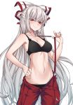  1girl bangs bare_arms bare_shoulders black_bra black_panties blush bow bra breasts cleavage collarbone colored_eyelashes commentary_request cowboy_shot eyebrows_visible_through_hair fujiwara_no_mokou hair_between_eyes hair_bow hand_on_hip hand_up highres long_hair looking_at_viewer medium_breasts navel open_fly paburisiyasu panties pants pulled_by_self red_eyes red_pants silver_hair simple_background smile solo standing stomach suspenders suspenders_pull touhou underwear uneven_eyes v-shaped_eyebrows very_long_hair white_background white_bow 