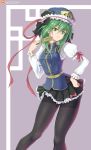  1girl arm_ribbon bangs black_bow black_legwear black_skirt blue_headwear blue_vest bow breasts commentary epaulettes eyebrows_visible_through_hair feet_out_of_frame frilled_hat frills green_eyes green_hair hair_between_eyes hair_bow hand_on_hip hand_up hat hat_ribbon head_tilt highres holding juliet_sleeves long_sleeves looking_at_viewer medium_breasts miniskirt namiki_(remiter00) pantyhose patreon_logo petticoat pleated_skirt puffy_sleeves purple_background red_ribbon ribbon ribbon-trimmed_skirt ribbon_trim rod_of_remorse shiki_eiki short_hair simple_background skirt solo standing thighband_pantyhose thighs touhou vest yellow_belt 