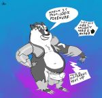  anthro badger badgerclops balls belly cosplay english_text eye_patch eyes_closed eyewear humanoid_penis male mammal mao_mao_heroes_of_pure_heart mustelid musteline navel nintendo obstagoon overweight overweight_male penis pok&eacute;mon pok&eacute;mon_(species) text video_games yumyumteeth 