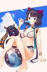  1girl arm_support ass ball bangle bare_shoulders barefoot beachball belt bikini blue_eyes blue_nails bracelet breasts breasts_apart cloud collarbone commentary_request creature fate/grand_order fate_(series) food hair_ornament hand_up highres holding holding_food jewelry katsushika_hokusai_(fate/grand_order) knees_up kotoribako long_hair looking_at_viewer medium_breasts nail_polish navel popsicle purple_hair sitting swimsuit thigh_strap tokitarou_(fate/grand_order) very_long_hair white_bikini 