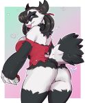  &lt;3 2019 alternate_species anthro anthrofied big_breasts black_fur black_hair bottomless breasts butt clothed clothing female fur galarian_zigzagoon geeflakes hair hi_res holding_object looking_at_viewer mammal marnie_(pok&eacute;mon) mustelid nintendo pok&eacute;ball pok&eacute;mon pok&eacute;mon_(species) pussy regional_variant solo tongue tongue_out video_games white_fur 