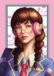  1girl absurdres academy_d.va alternate_costume bespectacled blazer braid brown_eyes brown_hair d.va_(overwatch) eyelashes face glasses headphones highres jacket lips lipstick looking_to_the_side makeup name_tag necktie overwatch pink_neckwear portrait school_uniform shirt solo tee_fuyuan twin_braids whisker_markings white_shirt 