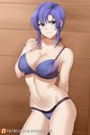  1girl aslindsamure bare_shoulders blue_bra blue_eyes blue_hair blue_panties bra breasts cleavage fire_emblem fire_emblem:_the_blazing_blade hand_on_own_chest highres large_breasts looking_at_viewer panties parted_lips short_hair sidelocks smile solo thighs underwear ursula_(fire_emblem) 