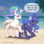  1:1 anus beach blush dialogue duo english_text equid female feral friendship_is_magic horn lunarlacepony mammal my_little_pony outside princess_celestia_(mlp) princess_luna_(mlp) pussy seaside sibling signature sister sisters speech_bubble text winged_unicorn wings 